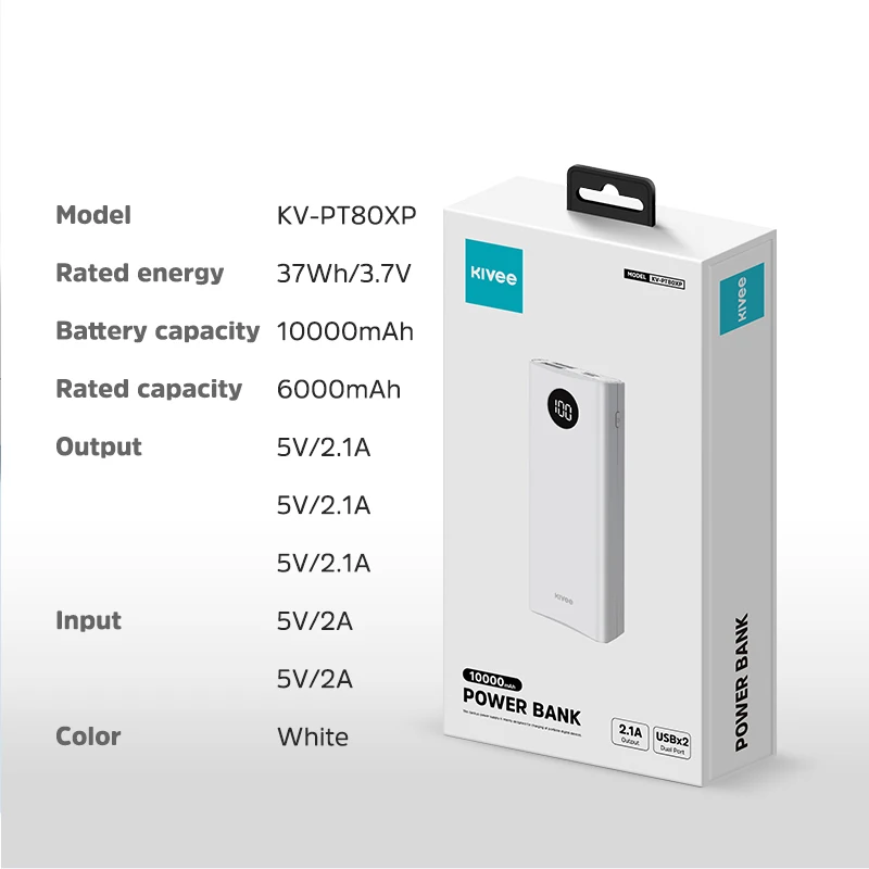 KIVEE INOVA Factory Customized Portable Power Bank for Mobile Phones Slim Power Bank with LED Display 10000mAh 37Wh 4 Ports