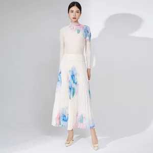 Fashionable Pleated Elastic Shirt and Skirt 2-Piece Set Printed Swing Skirt and Casual Top