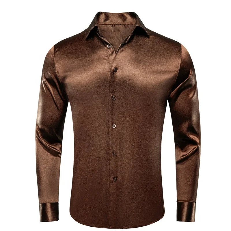 Elegant Brown Satin Long Sleeve Button Up Dress Shirt for Men