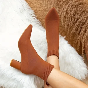 New Fashion Thick Heel Women's Socks Boots Internet Hot Girls Elastic Knit Ankle Boots