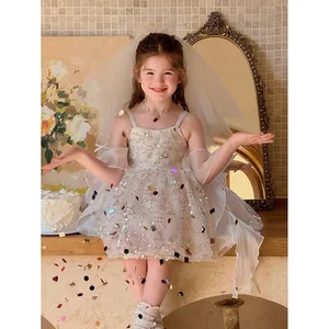 White Princess Dress for Girls Summer Formal Knee-Length Outfit with Puffy Sequins for Stage Party or Birthday ODM for Kids