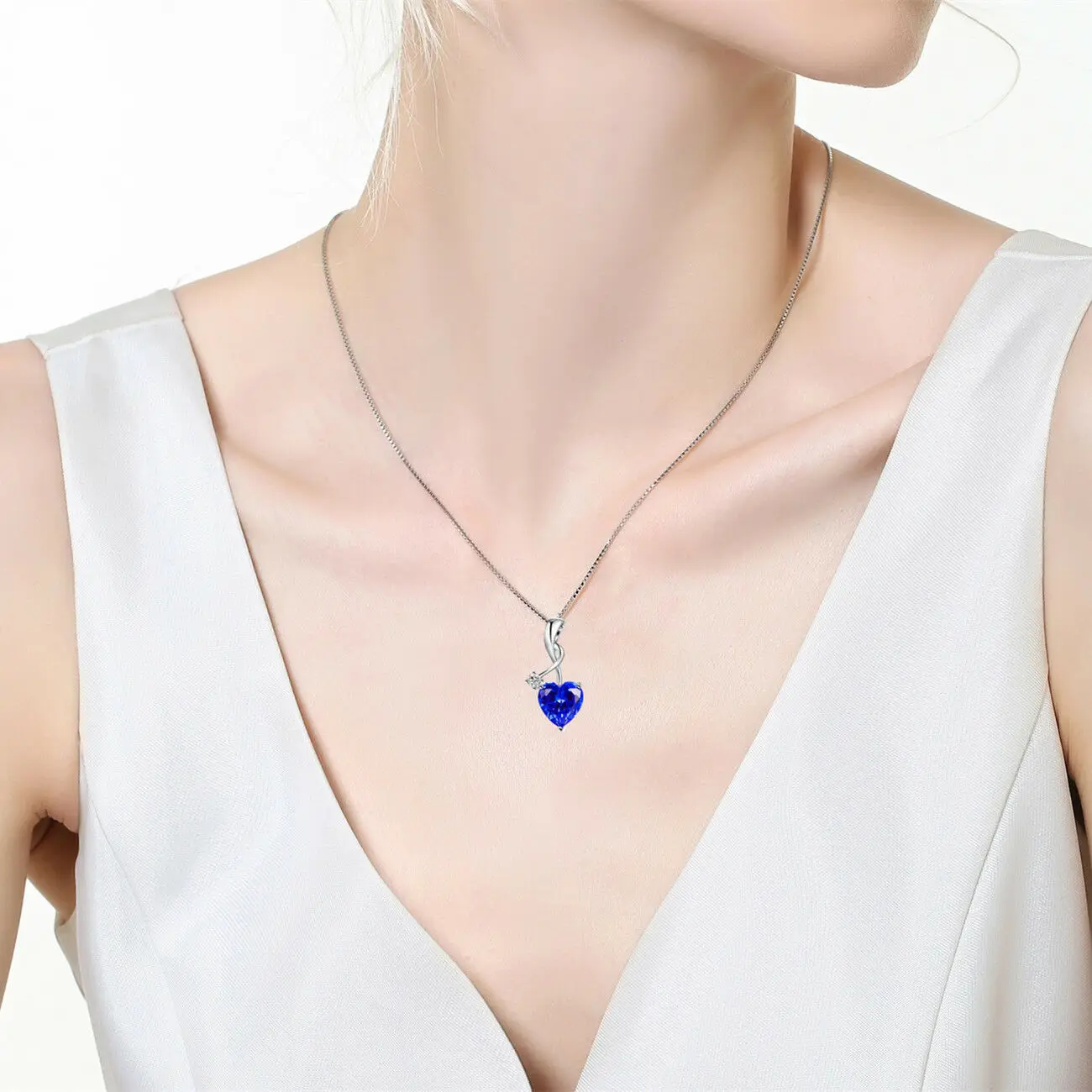 Silver Color Necklace Blue Sapphire Pendant Women www.1mrk.com