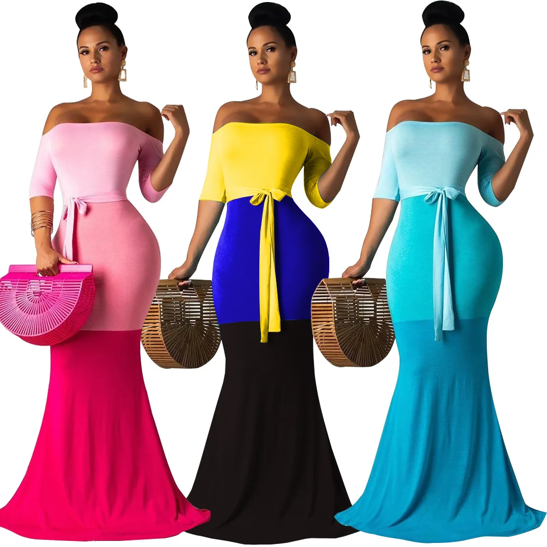 Elegant One Word Shoulder Splicing Tricolor Bodycon Frenulum Floor Length  Ladies Wear Dress - Buy Plus Size Women's Dresses,Ropas De Mujer,Party  Dresses Women Product on 