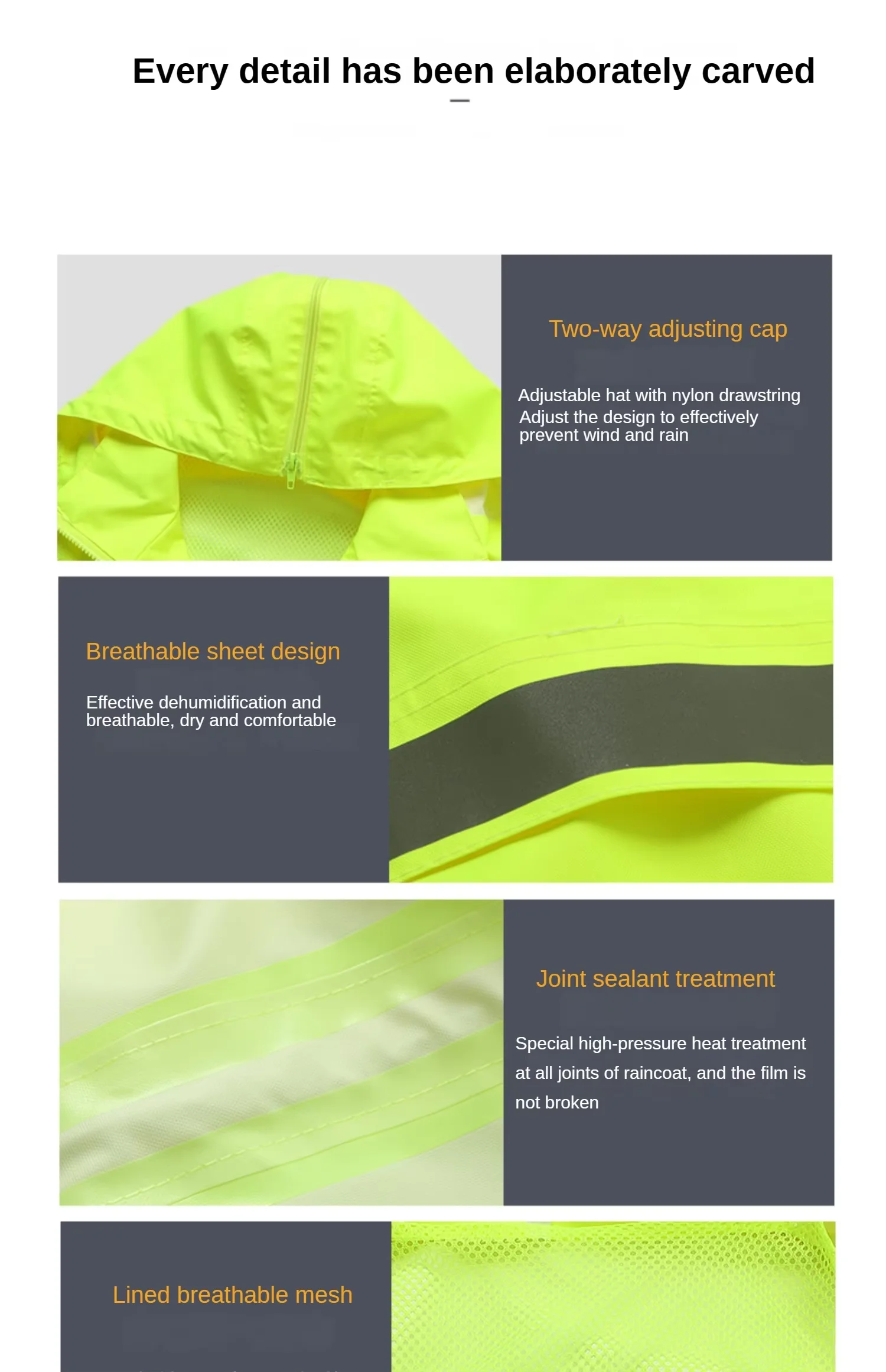 High visibility waterproof breathable reflective safety raincoat long rain jacket warning security m