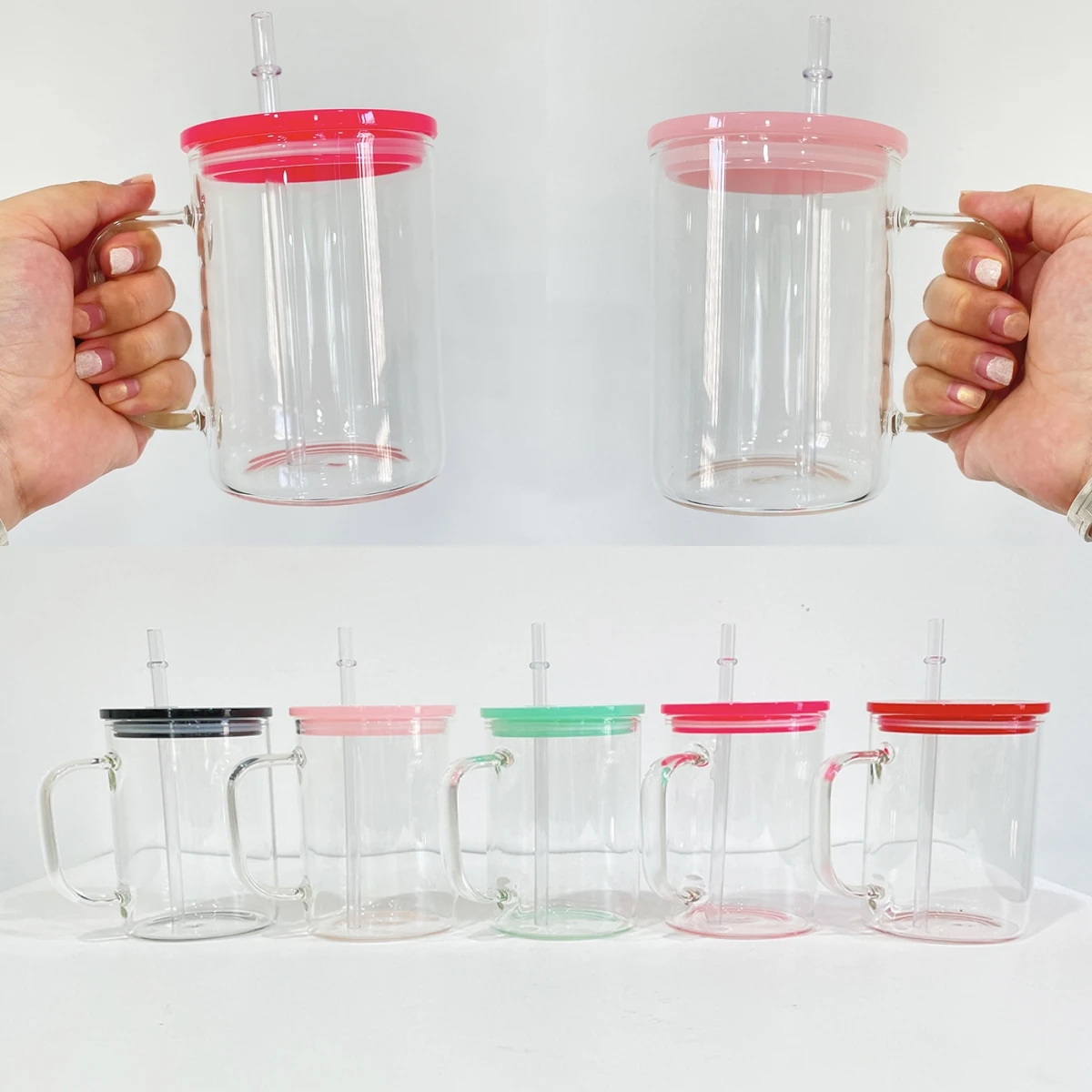 Transparent Frosted Glass Cup 17oz Sublimation Blanks Clear Glass Mugs With  Colored Plastic Lid and Straw
