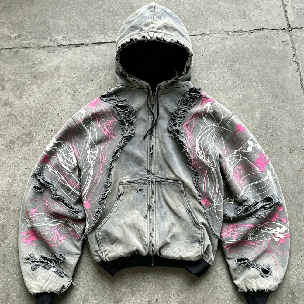 Men Custom Y2K Vintage Wash Heavyweight Thick Real Tree Camouflage Distressed Patch Applique Embroidery Zip up Hoodie