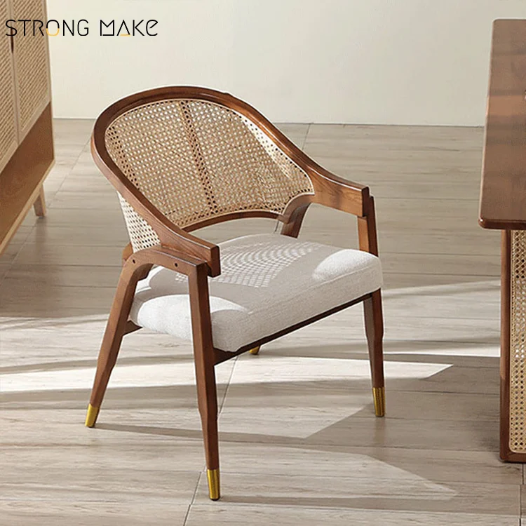 European Scandinavian Design Reproduction Solid Wood Antique Nordic Rattan Vintage Restaurant Dining Chair With Cushion