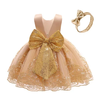 Bowknot Sequins Embroidered Lace Party Tutu Gown Toddler Baby Girls Dress with Headwear