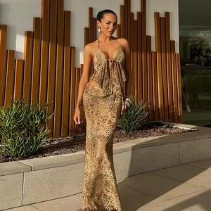 JY Summer 2024 LEOPARD PRINT Bandage Backless Tube tank Tops and Long Skirt Casual Elegant 2 Piece Set Women Outfit