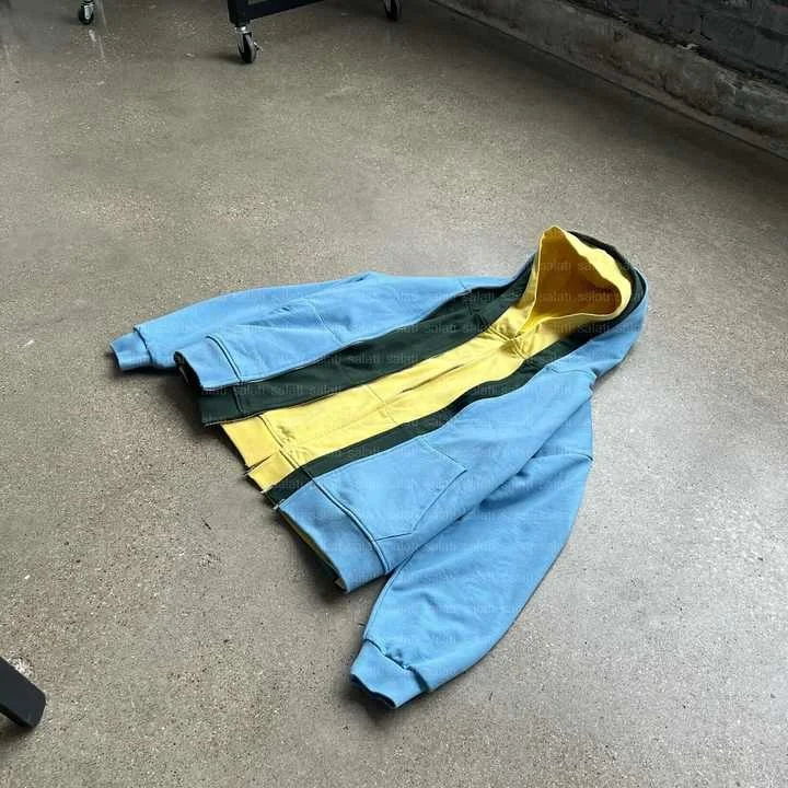 Salati Y2K Manufacturer Huddies Patchwork 3 Hood Triple Layer 500GSM French Terry Boxy Zip up Oversized Blank Hoodies for Men gallery 4