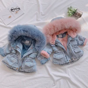 Customized Girls' Long Denim Jacket Autumn Winter Fleece-Lined Thickened Windbreaker Zipper Hooded Wool Collar Clothes for Kids