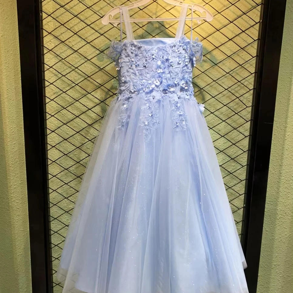 New Style Light Blue fairy Dress square Neck Temperament Sling White Mesh  Princess Performance Costume Dress for Children