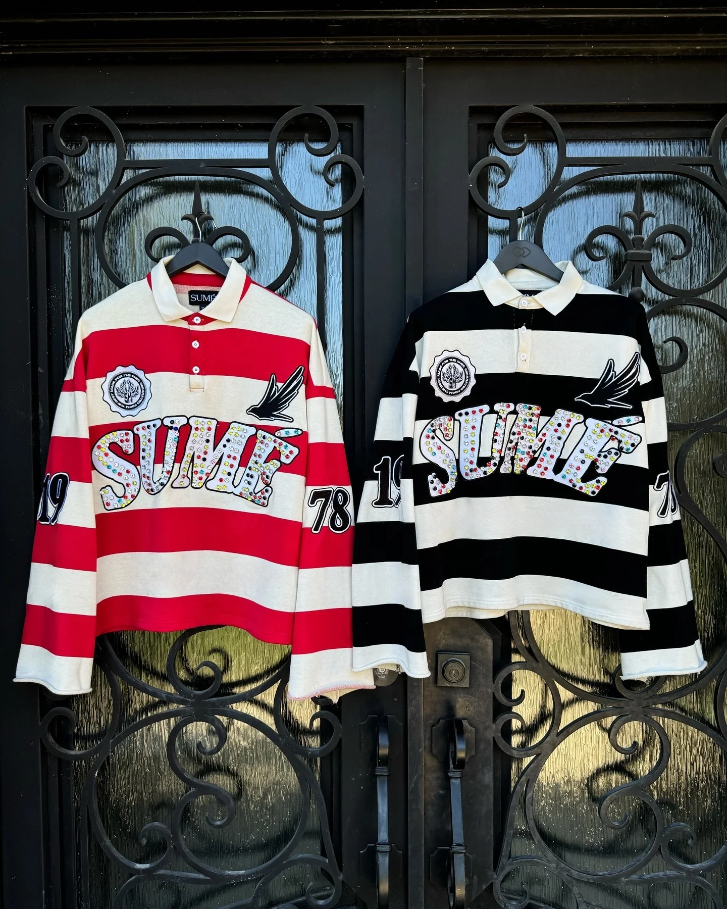 Salati Custom Embroidered Striped Cotton Knitted Button Collar Rhinestone Print Long Sleeve Oversized Rugby Polo Shirts for Men