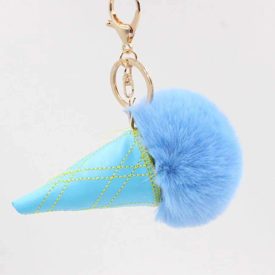 Cute Pink Leather Ice Cream Plush Keychain Pompom Faux Fur Fluffy Pom ...