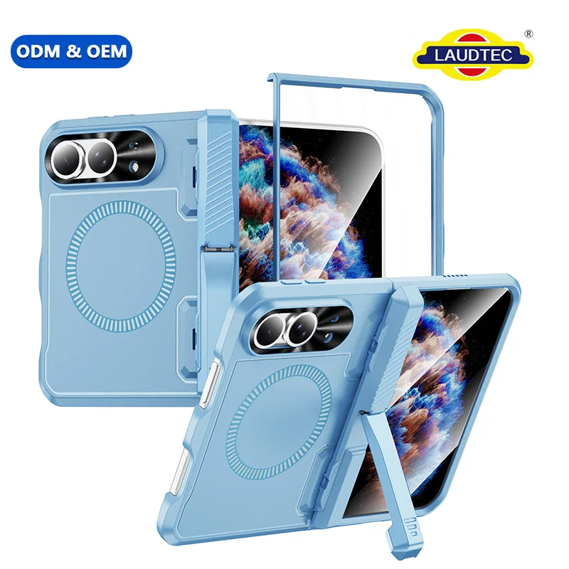 Magnetic Foldable Phone Case for iPhone Duo Heavy Duty Shockproof Cover With Built-in Kickstand Raised Lens Screen Guard