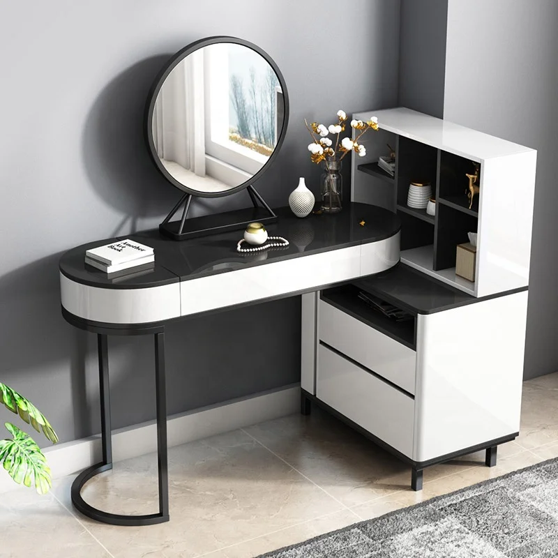 Concise Style Modern Bedroom Round Mirror Black and White Dresser Furniture Makeup Vanity