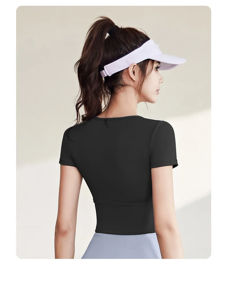 Summer Women's Quick-Drying Breathable Thin Tight Running Short Sleeve t-shirt Yoga Top With Chest Pad Sport fitness Wear details