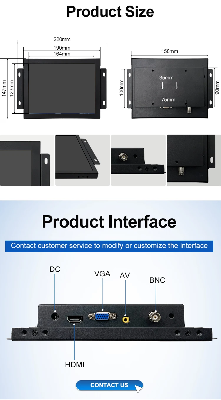 New 8 Inch IPS 1024x768 HD-MI VGA AV BNC USB Resistive Touch Screen Metal Case Industrial TFT LCD Monitor