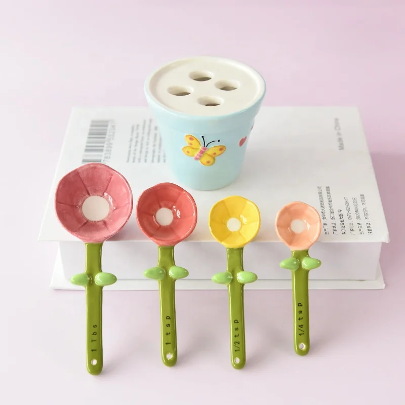 Hand Painted Floral Ceramic Measuring Spoons with Holder 180 Degrees Flower  Pot Baking Set Fun Gift for Bakers and Home Use