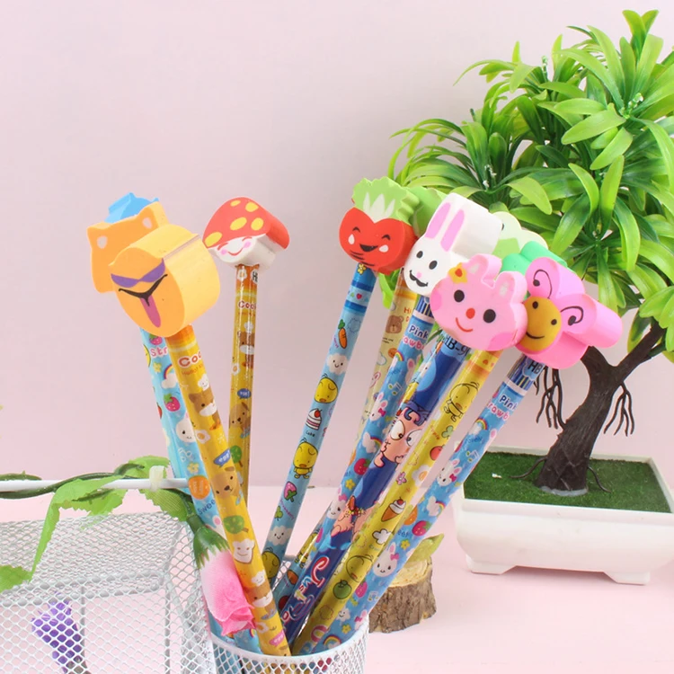 Low Moq Custom Engraved Printed Round Wooden Pencil With Animal Eraser Kawaii Kids Fancy Cartoon Pencils Sets for Children