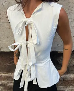 Sexy Lace-up Crop Tops for Women Summer White Black Sleeveless Hollow Out Slim Vest Lady Vacation Beach Party Tank Top