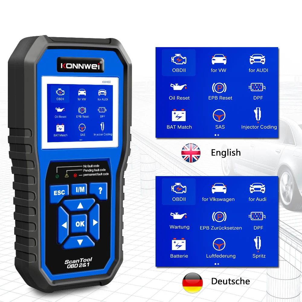KONNWEI KW450 Full System OBD2 Scanner Car Diagnostic Machine Support ABS/SRS/DPF for VW for Audi