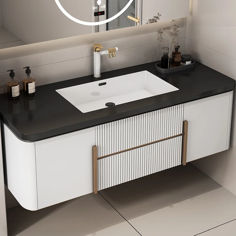 Luxury Modern White Curved Wall Hanging Soild Wood Bathroom Vanity With Smart Mirror