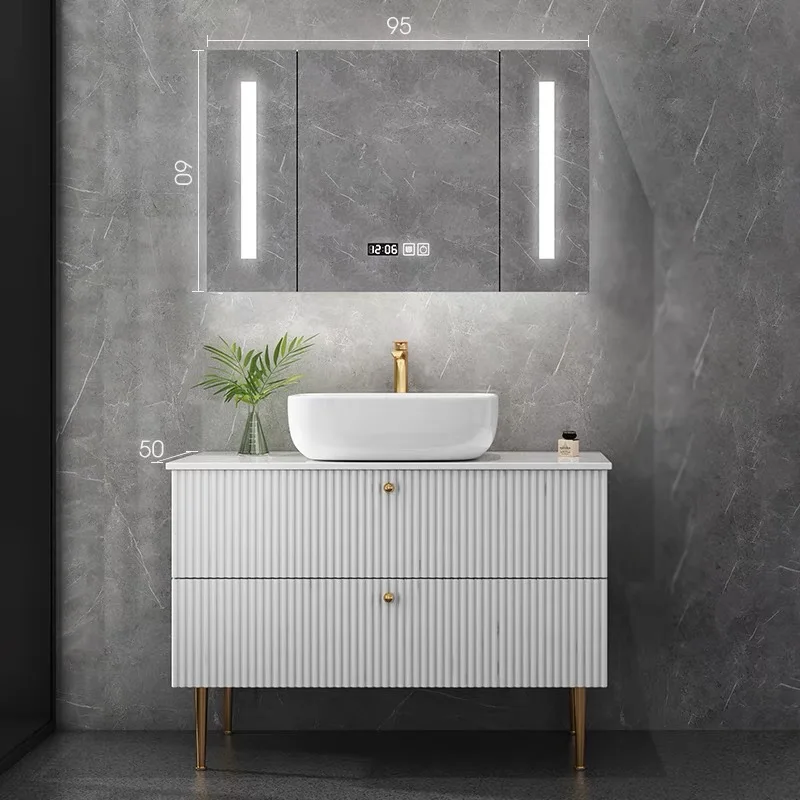 product custom modern luxury curved floor standing bathroom cabinet bathroom fluted textured vanity with sink smart led mirror-9