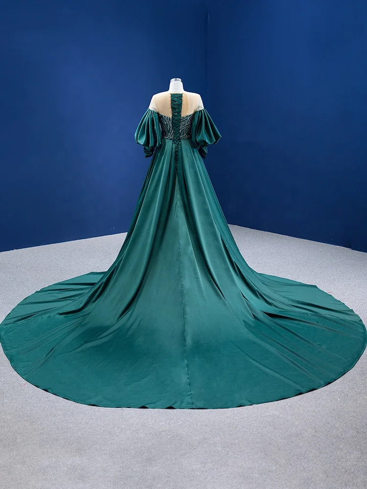 Women Mermaid Green Sequined Lace Long Puffy Sleeves Overskirt Custom Evening Dress Women Mermaid Green Sequined Lace Long Puffy Sleeves Overskirt Custom Evening Dress