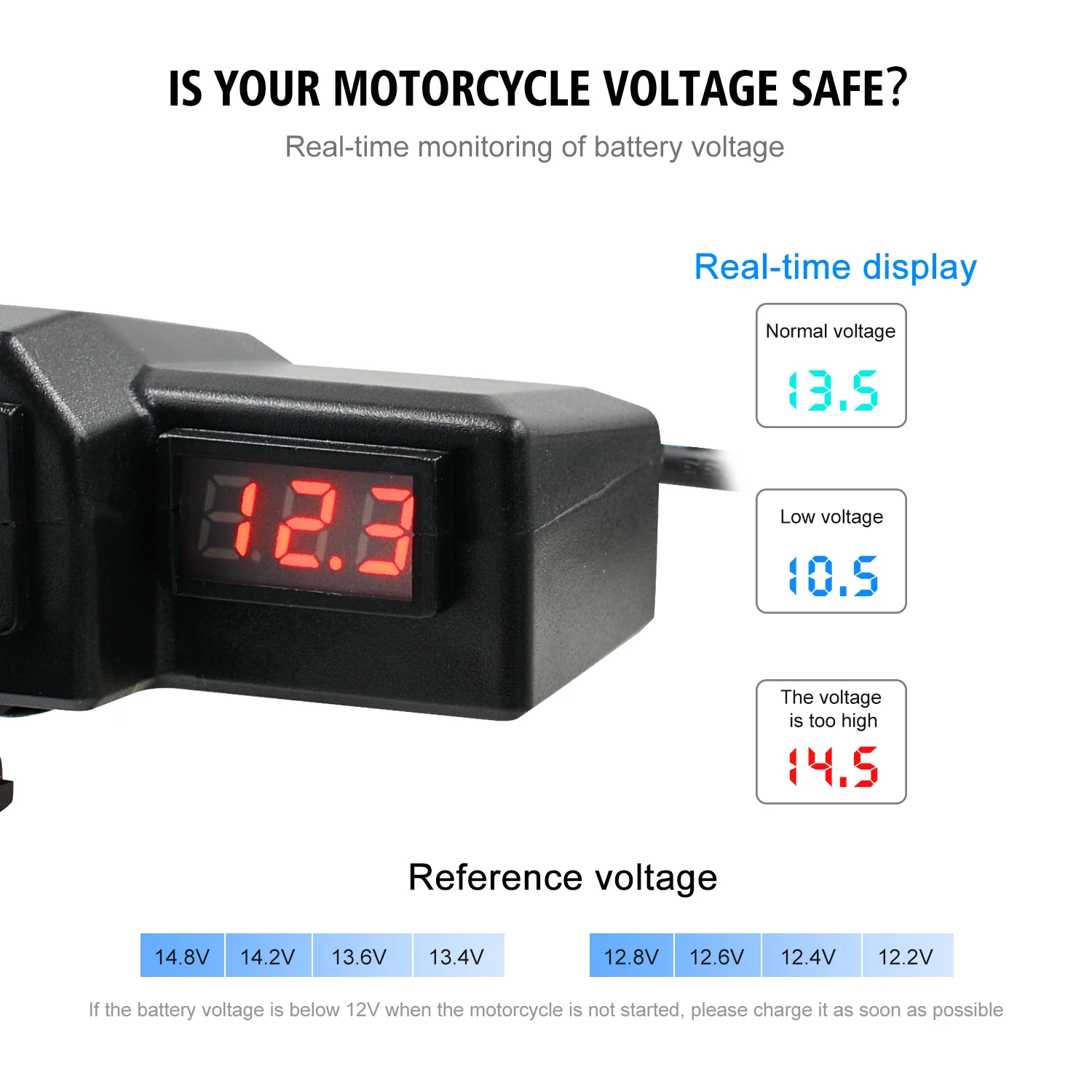 Waterproof & Dustproof  Motorcycle Voltmeter With Double USB Port Fast Charging USB Port For Cell Phone