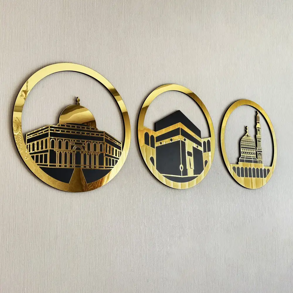 Circular Design Al Aqsa Mosque Islamic Wall Art Kaaba and Masjid An-Nabawi Set Muslim Home Decor Eid Mubarak Gift