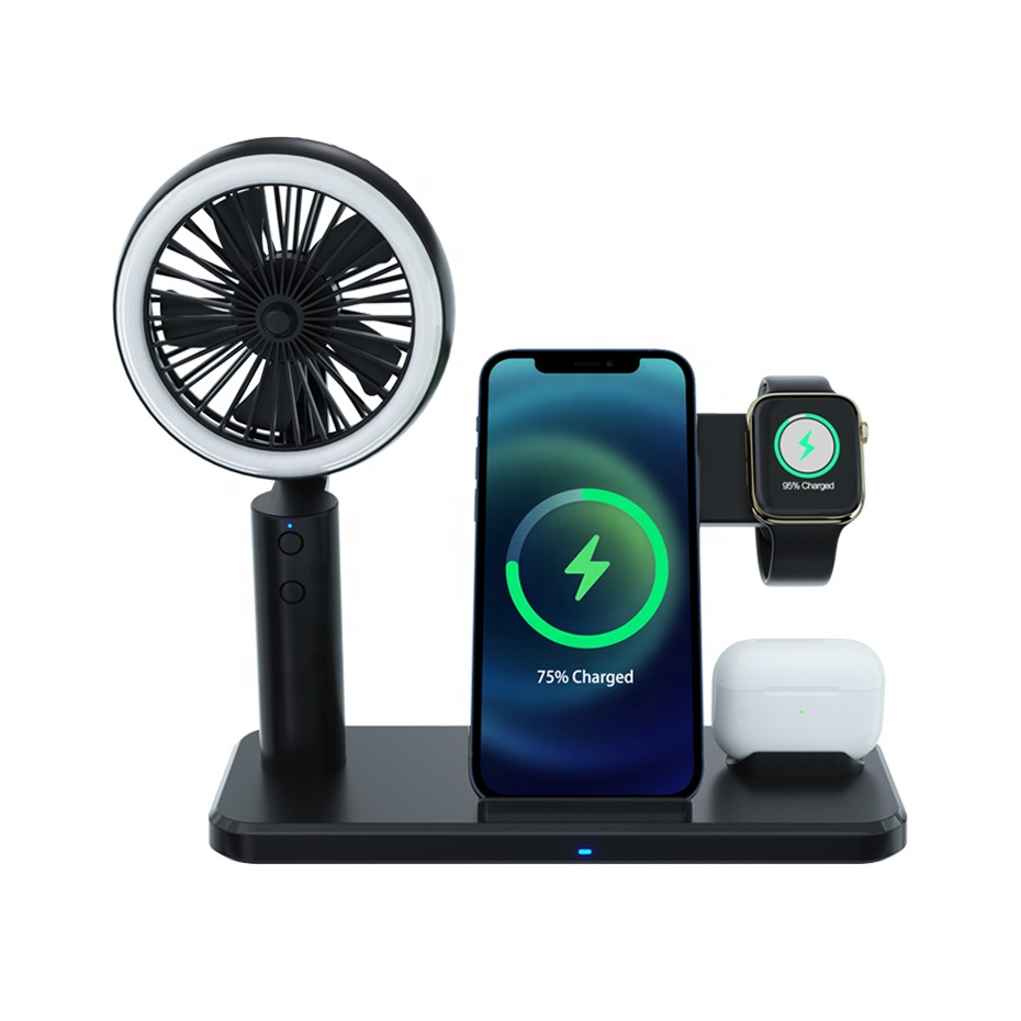 
 Новая технология N60 4 в 1 Держатель зарядного устройства для телефона док-станция 15 Вт Быстрая зарядка Беспроводная зарядная станция с мини ручным охлаждающим вентилятором  