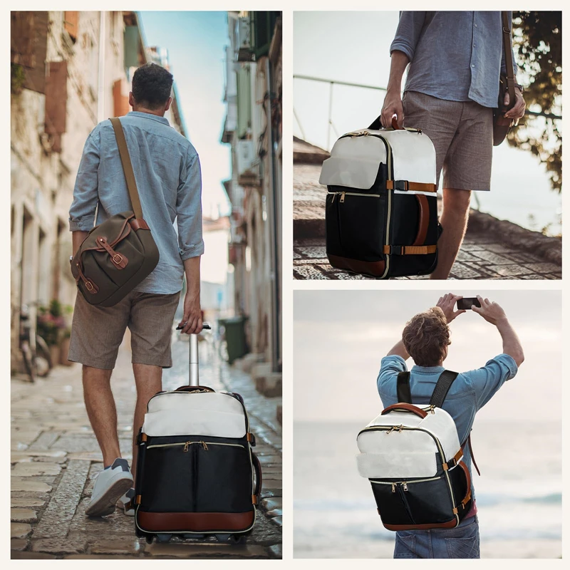 Versatile Waterproof PU Backpack with USB Charging Port Hidden Trolley Underseat Rolling Laptop Wheels for Travel Everyday Use