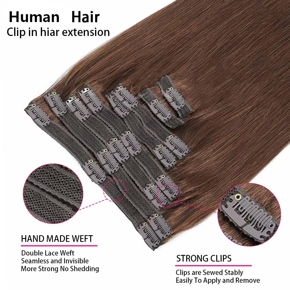 Extensions de cheveux humains à clipser brun chocolat, 8 pièces, cheveux Remy pour femmes_voghion.com