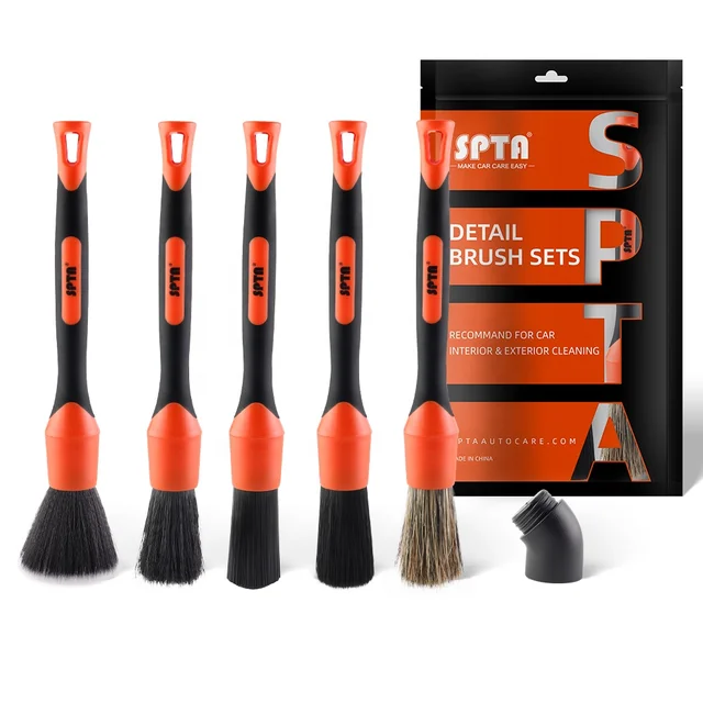 SPTA New PP+TPR Handle 5pcs Set Replaceable Head Soft Hair Car Detailing Brush Set Car Cleaning Brush Rim Brush