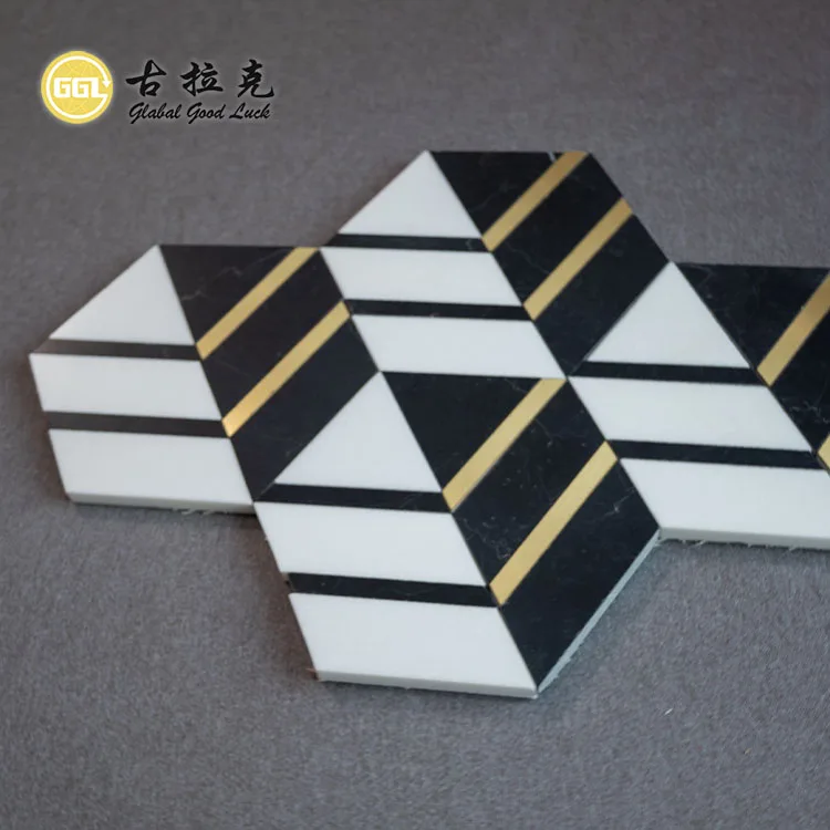 Marble Mix Brass Mosaic Tile for Villa Hotel Project Wall Decoration Black White Hexagon Tile With Metal factory