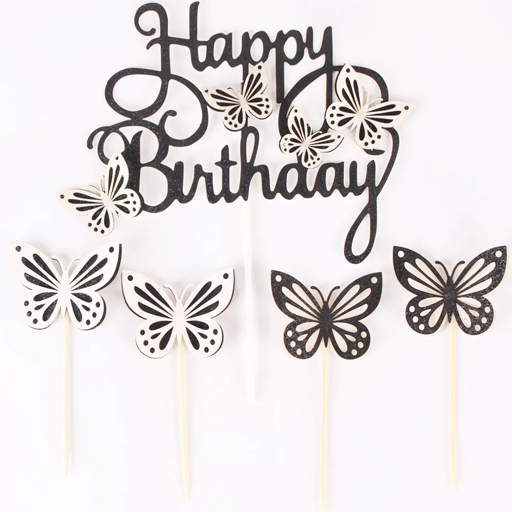 Topper Per Torta A Forma Di Farfalla - Set Di Decorazioni Per Compleanno Con 12 Farfalle E Scritta 'Happy Birthday' - Non Commestibile