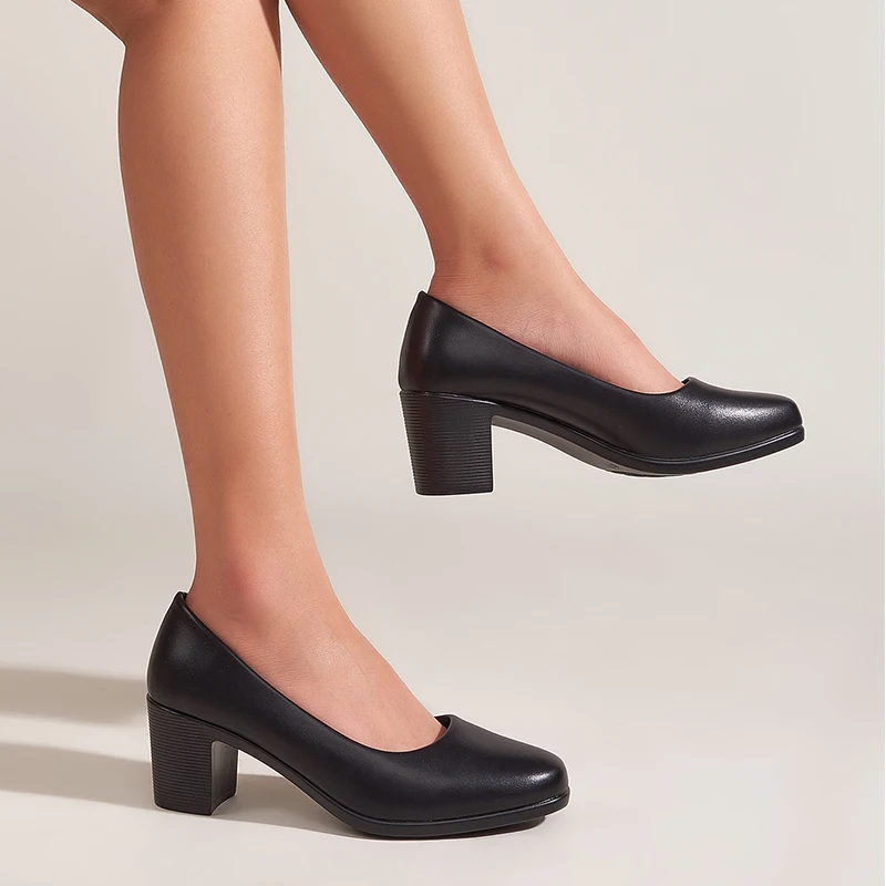 2022 Black Square Toe Women Shoes Office Pu Leather Block Heel