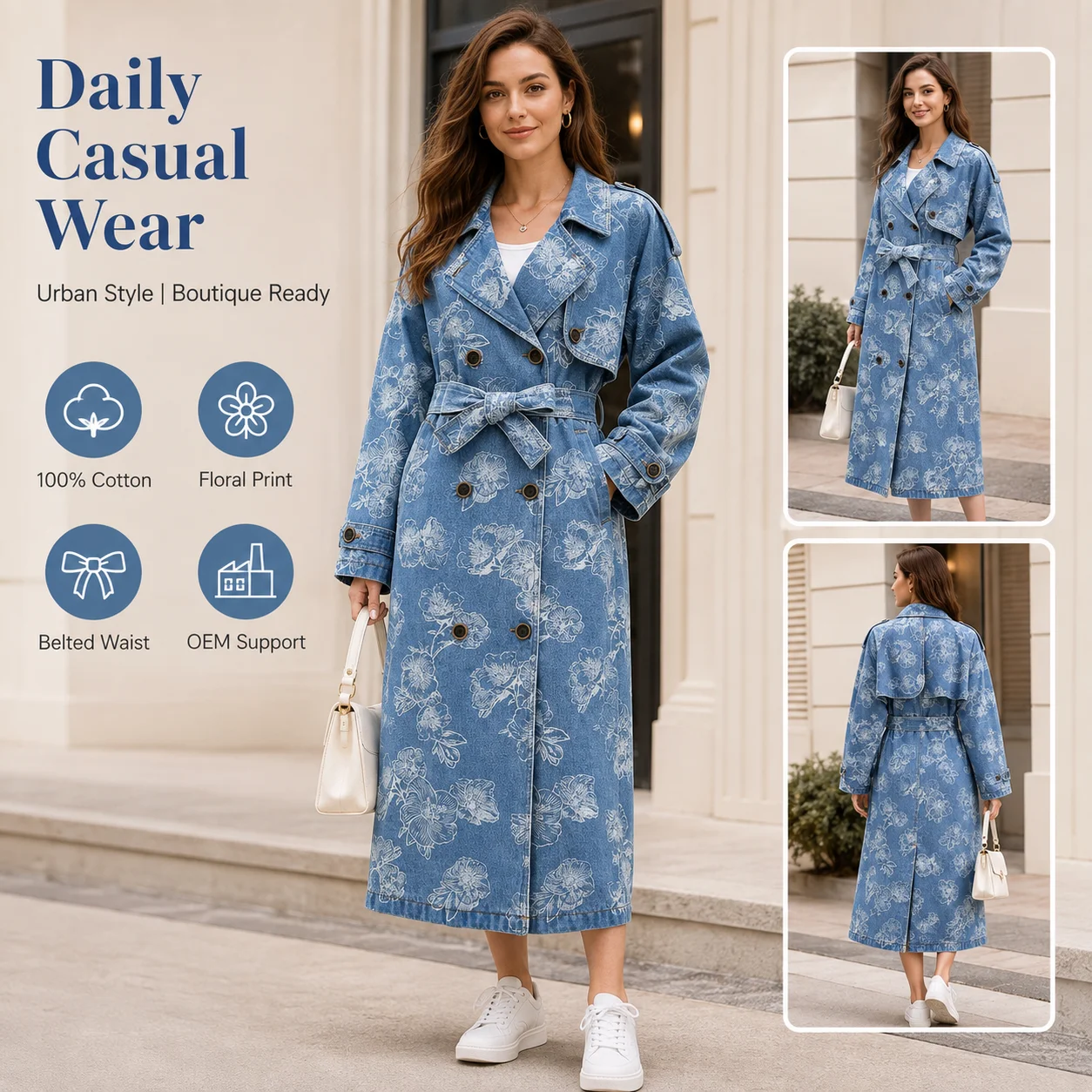 Floral print Denim Femme X-Long Customized Jackets for Women With Belt Blue Cotton Heavy Denim Female