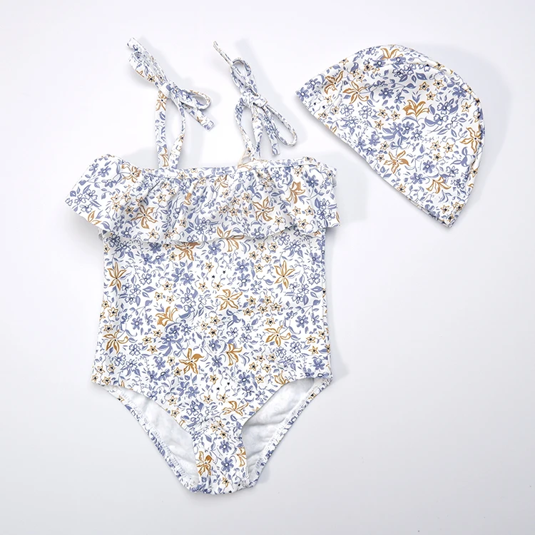 Summer New Swimming Beach Sleeveless Suspender Floral Fragments Toddler Baby Girls Swimwear With Swim Cap