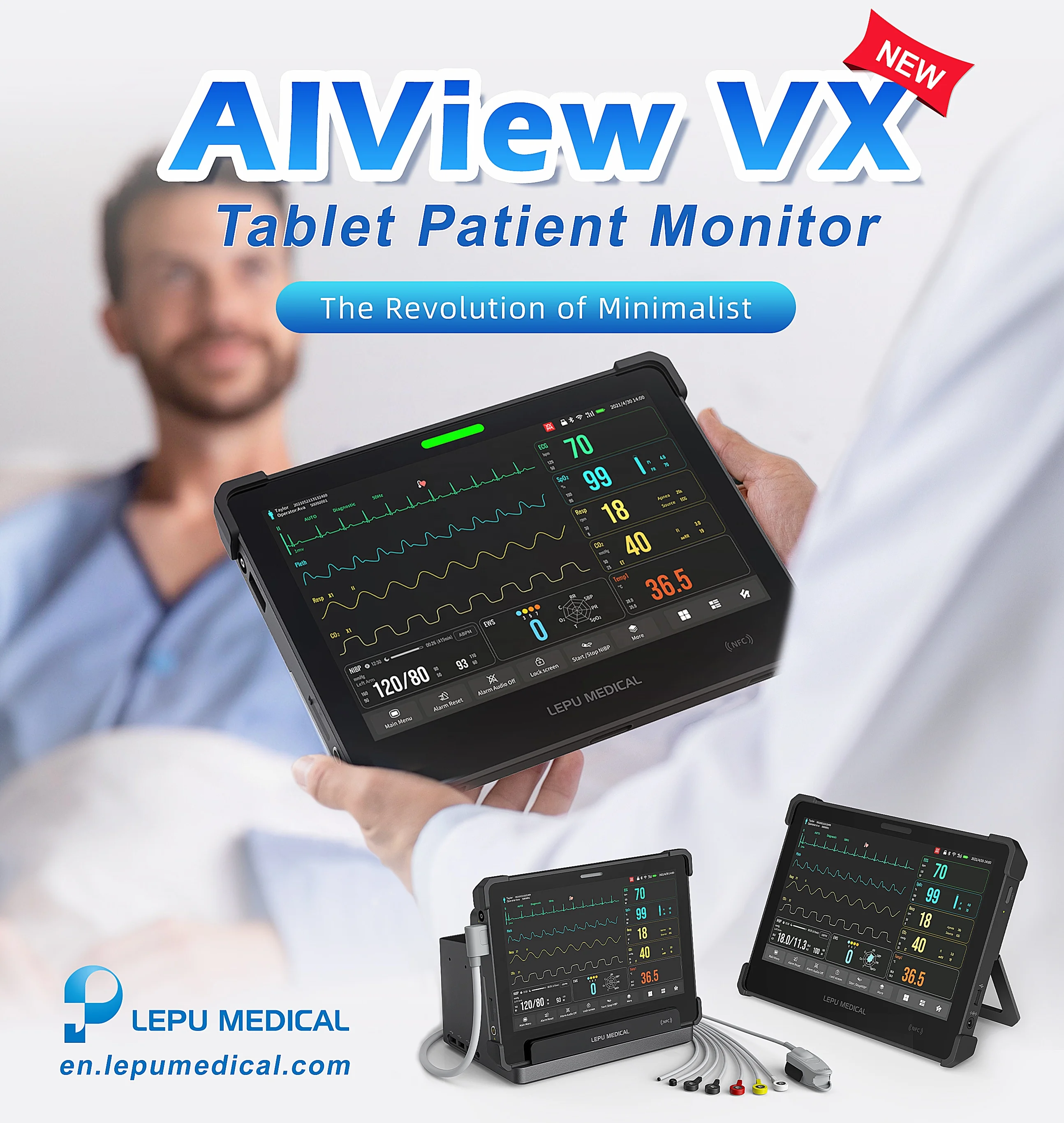 Lepu Clinic Multi Parameter Touch Screen Transport Handheld Vital Sign Monitor