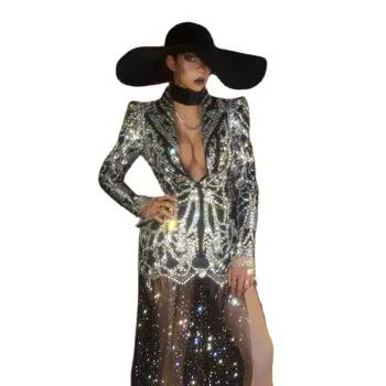 Luxury Black Deep V Crystal Sequins Blazer Trailing Dress Ladies Sexy Rhinestones Suit Women Wedding Party Dress Evening Gown
