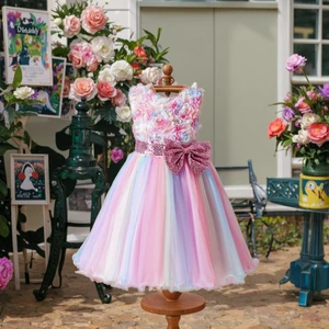 1-10 Years Baby Girl Princess Dress Sequin Bow Mesh Tutu with Lace Decoration Flower Sleeveless Birthday Party Clothes for Kids