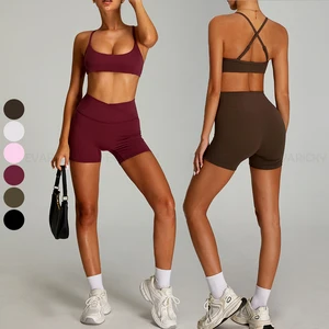 Women's New Design Gym Activewear Set-Running Fitness Bra & Biker Shorts with Logo on Waist Yoga Sports Outfit