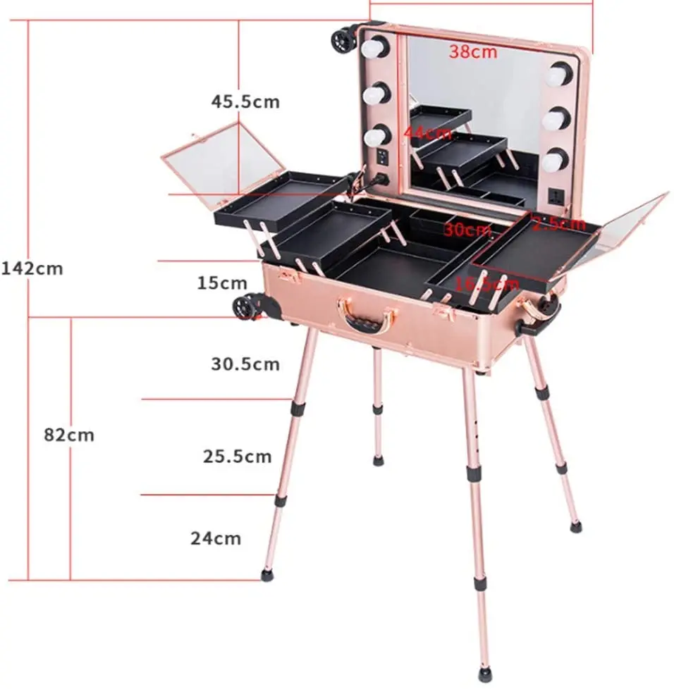 Cosmetic Case Box LED Mirror Lighted Makeup Travel Suitcase Artist Portable Dressing Table with Legs Rolling Luggage