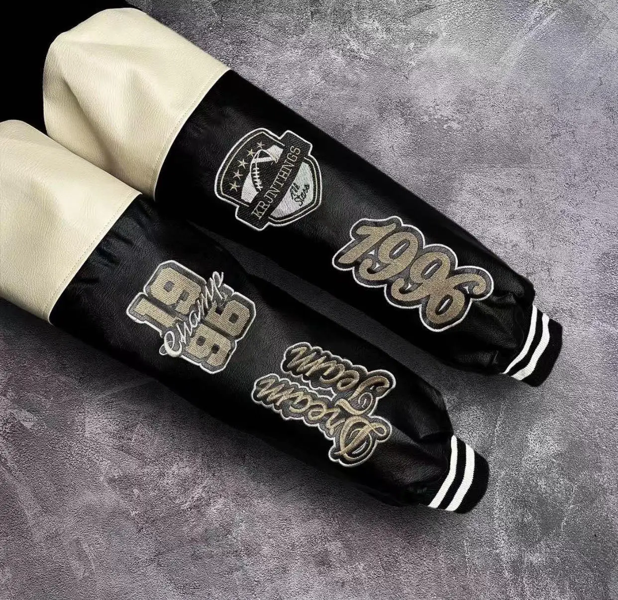 Custom Motorcycle Riding Jacket Letter Embroidery Print Leather Sleeve Waterproof Winter Bomber Baseball Jacket Men gallery 5