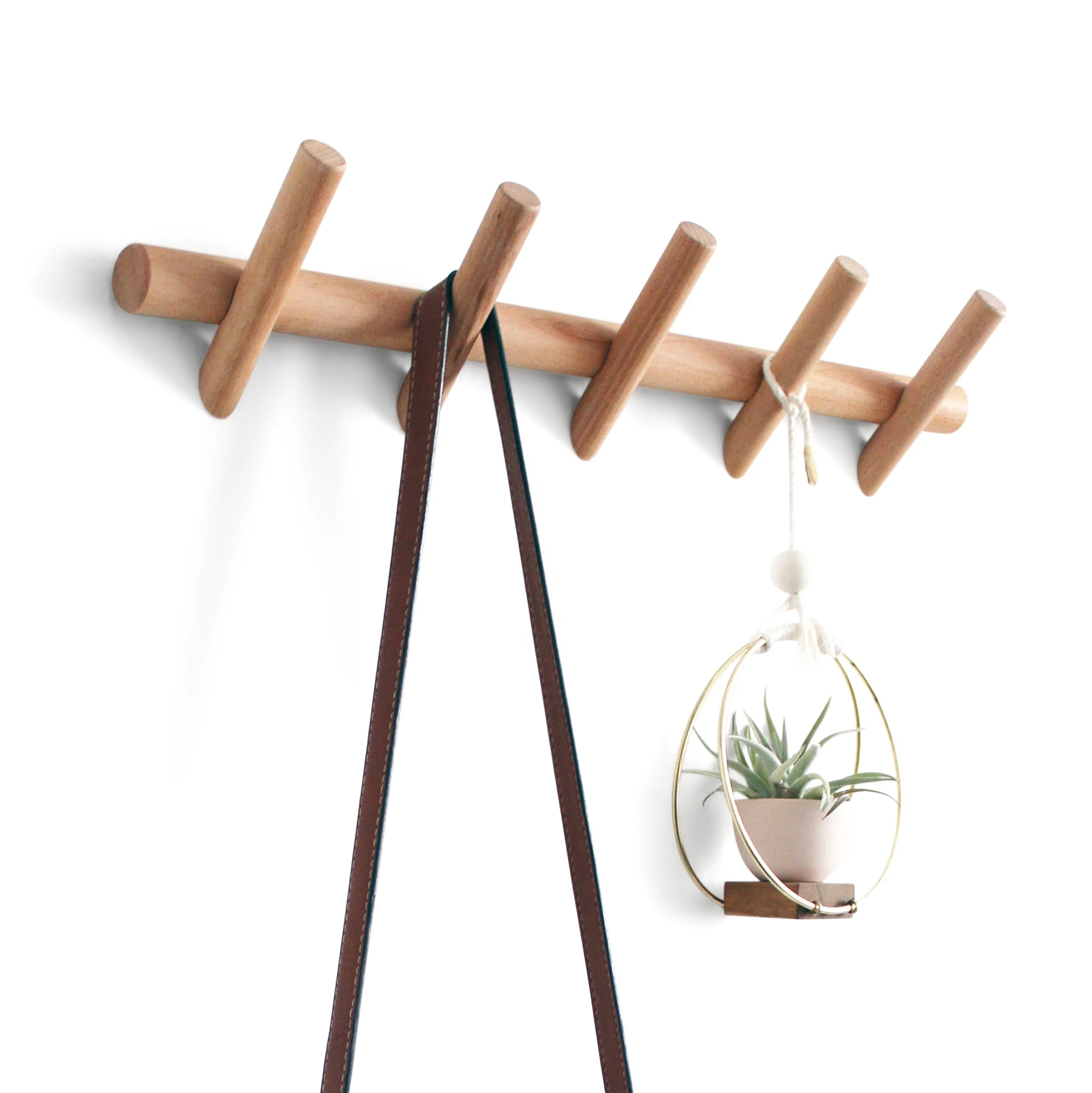 Modern Bamboo Wooden Entryway Coat Hooks Wood Wall Mounted Coat Rack