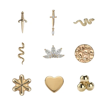 Hot Selling  14KT Solid Gold Sword Snake Heart Hammered Disc Threadless Ends Tops Attachment Helix Piercing Body Jewelry Factory