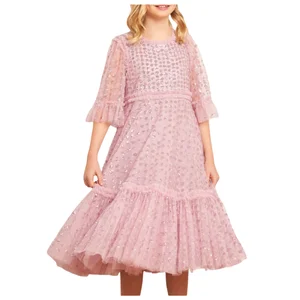 High Quality Delicate Children's Knee-Length Sheer Sleeve A-Line Evening Dress Girls Pink Sequined Party Gown