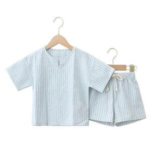 High-End Kids Two-Pieces 100% Cotton Short Sleeves Drawstring Design Children Summer Clothing Sets